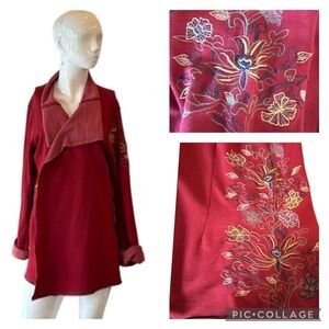 Catie Red Cotton Blend Floral Embroidered Lotus Jacket Size Medium